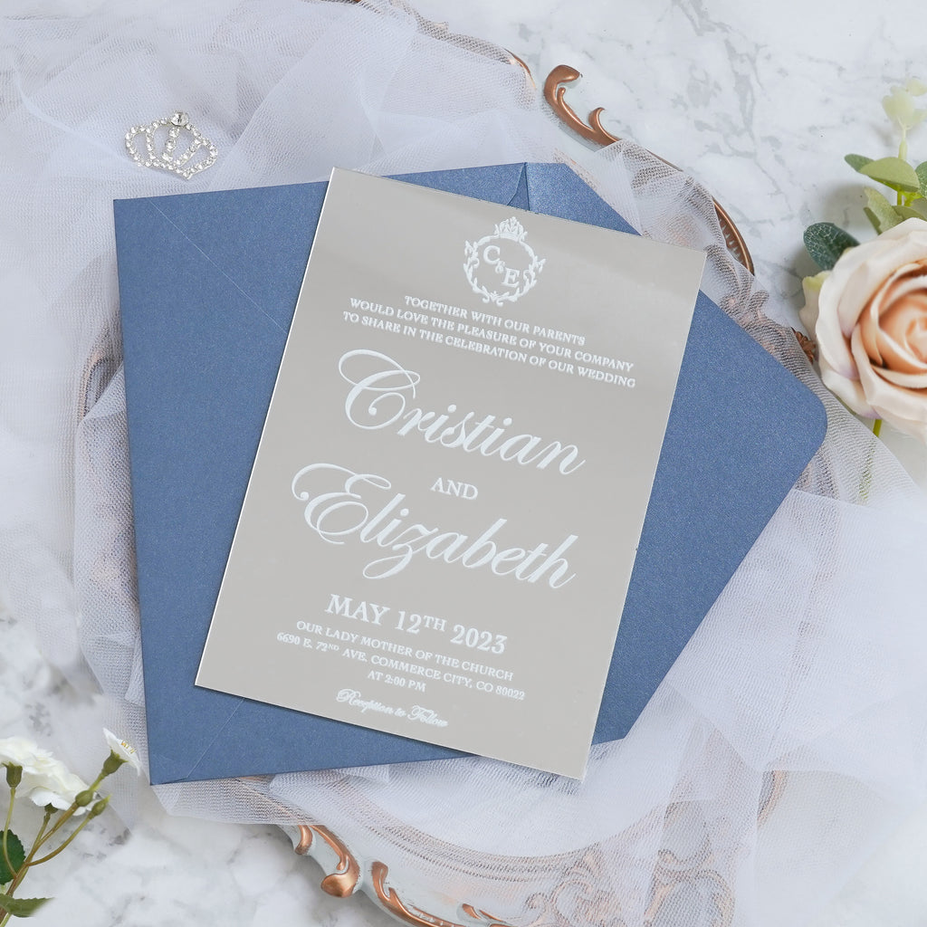 PONATIA Silver Mirror Wedding Invitation Cards with Envelope-2mm/0.7"