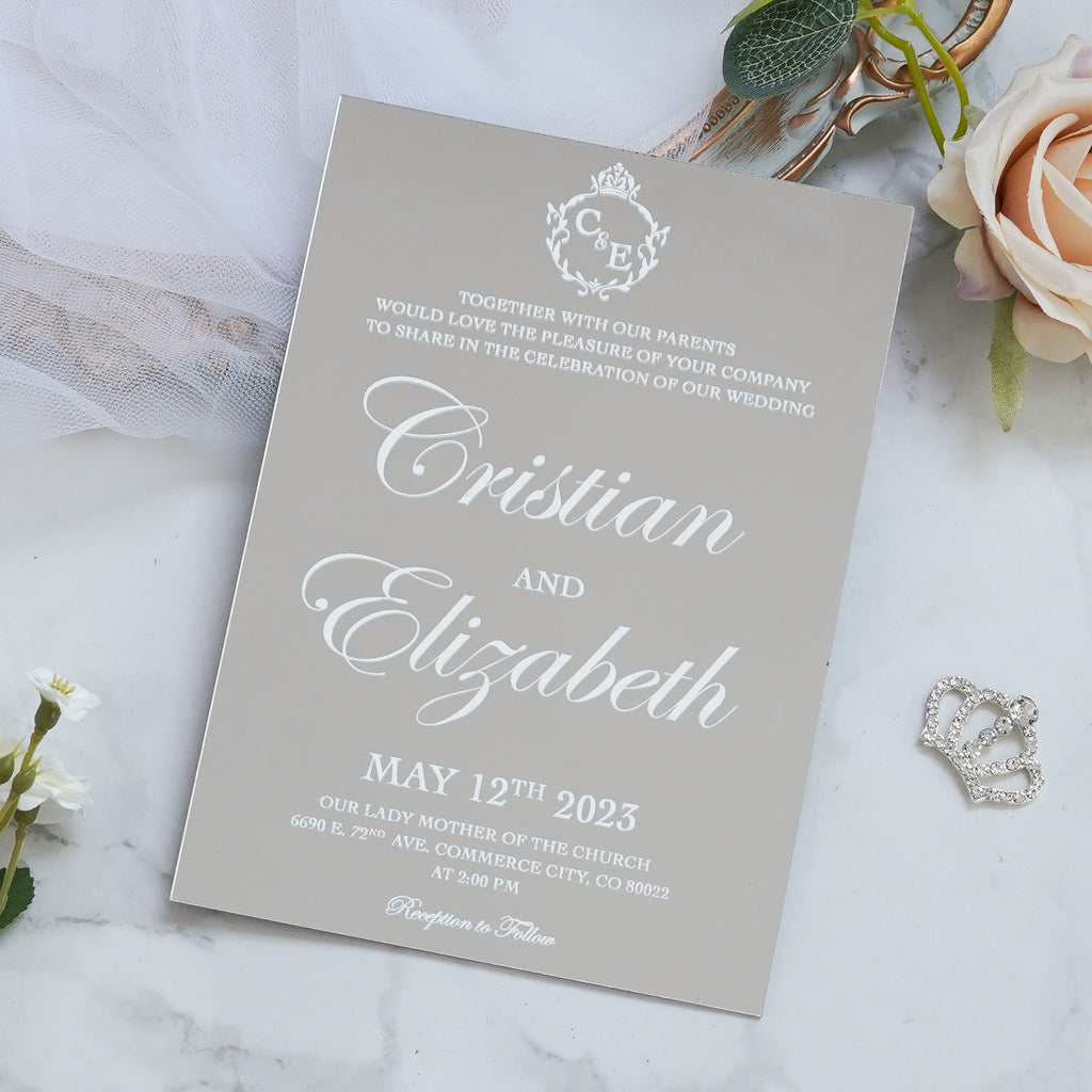 PONATIA Silver Mirror Wedding Invitation Cards with Envelope-2mm/0.7"