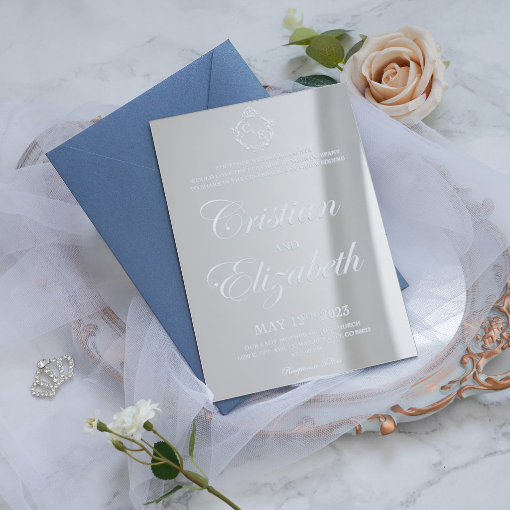 PONATIA Silver Mirror Wedding Invitation Cards with Envelope-2mm/0.7"
