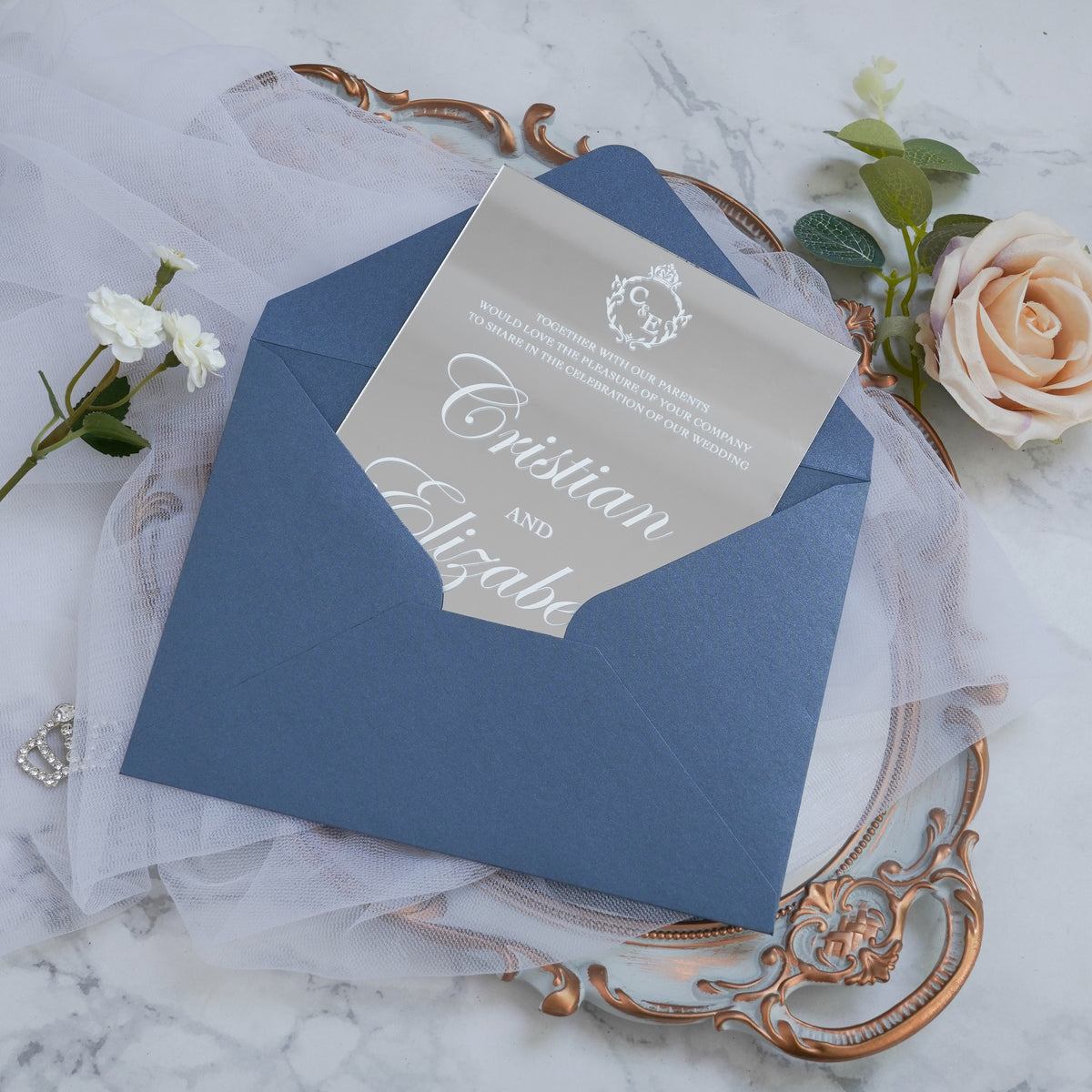 PONATIA Silver Mirror Wedding Invitation Cards with Envelope-2mm/0.7"