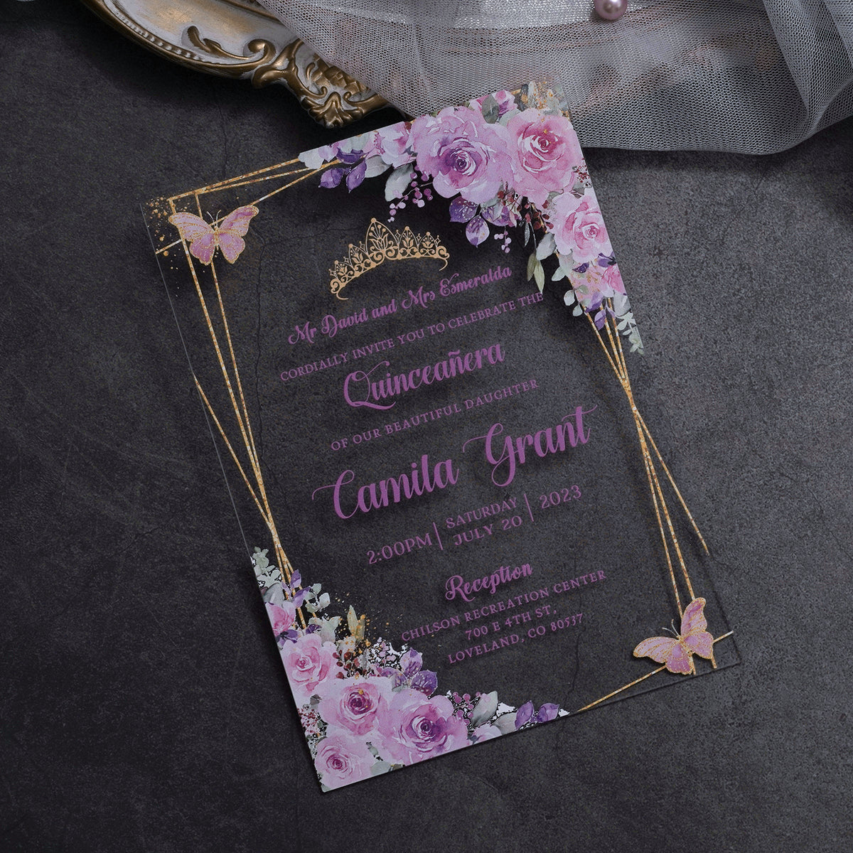 PONATIA 1mm/0.04" Lilac Acrylic Quinceanera Invitation Cards with Envelopes