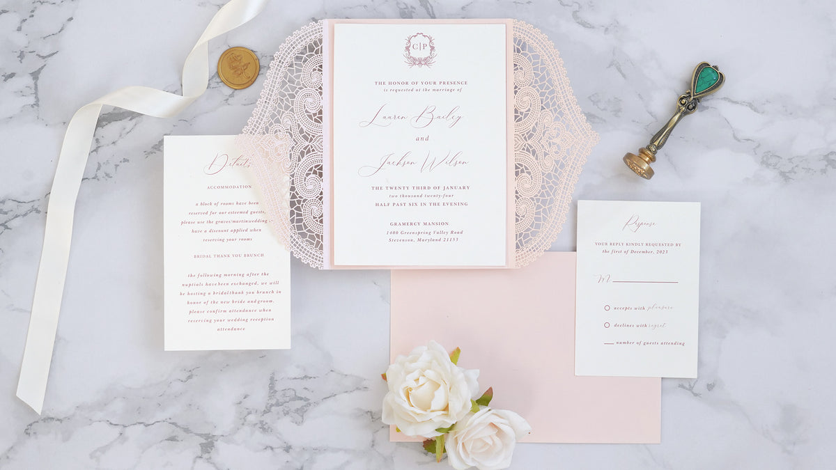 PONATIA Blush Pink Laser Cut Invitation Cards with Ivory Belly Band and Wax Seal