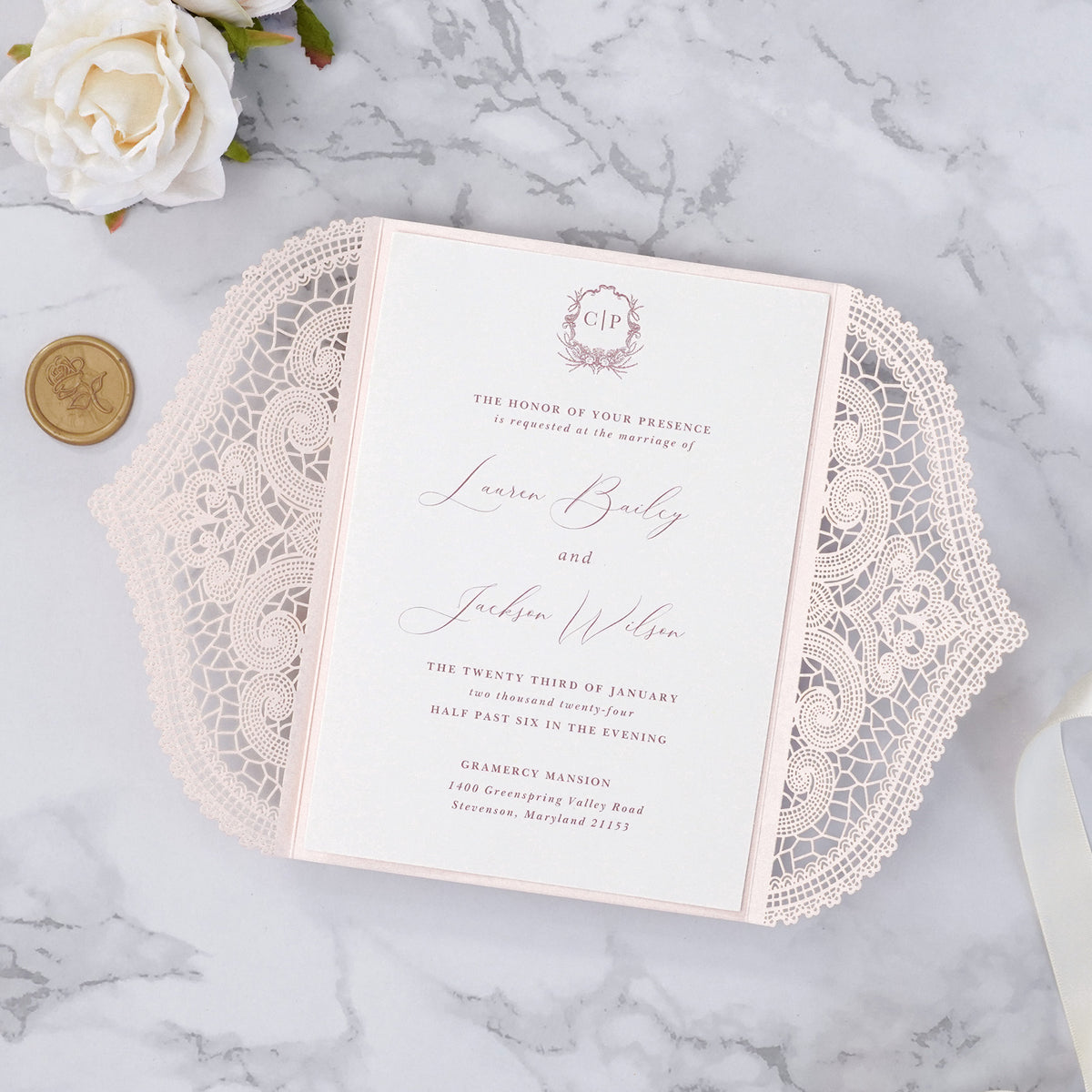 PONATIA Blush Pink Laser Cut Invitation Cards with Ivory Belly Band and Wax Seal