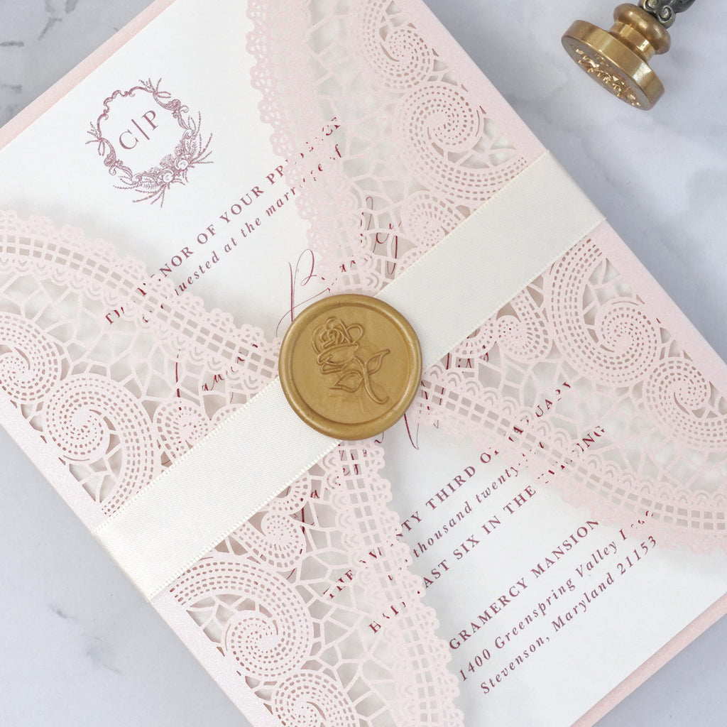 PONATIA Blush Pink Laser Cut Invitation Cards with Ivory Belly Band and Wax Seal