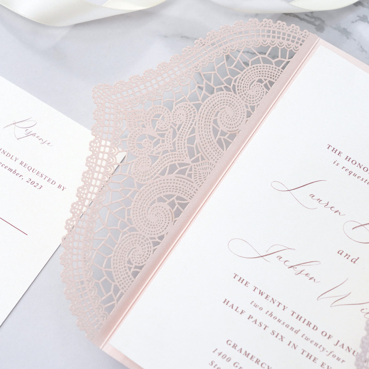 PONATIA Blush Pink Laser Cut Invitation Cards with Ivory Belly Band and Wax Seal