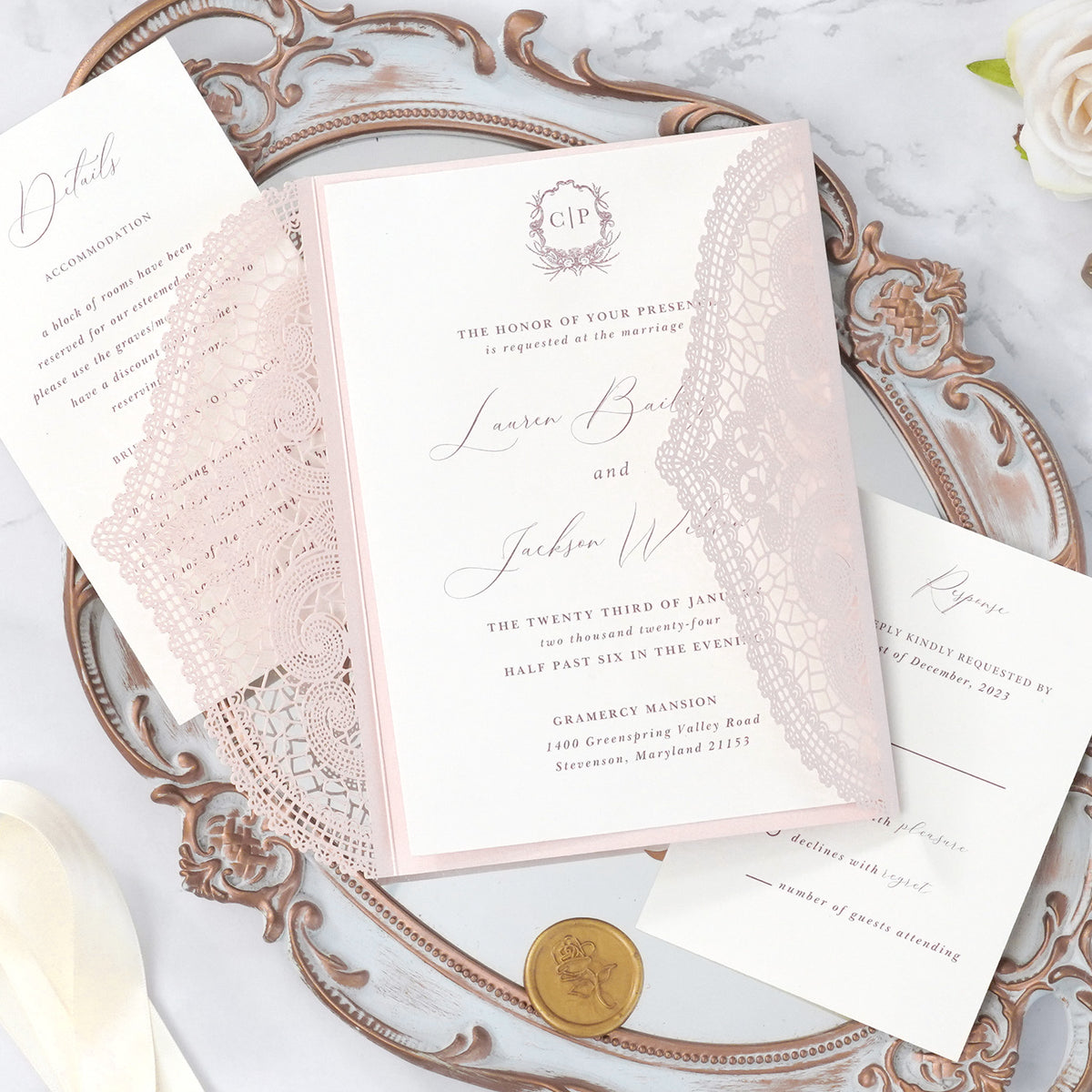 PONATIA Blush Pink Laser Cut Invitation Cards with Ivory Belly Band and Wax Seal