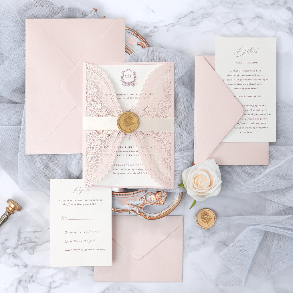 PONATIA Blush Pink Laser Cut Invitation Cards with Ivory Belly Band and Wax Seal
