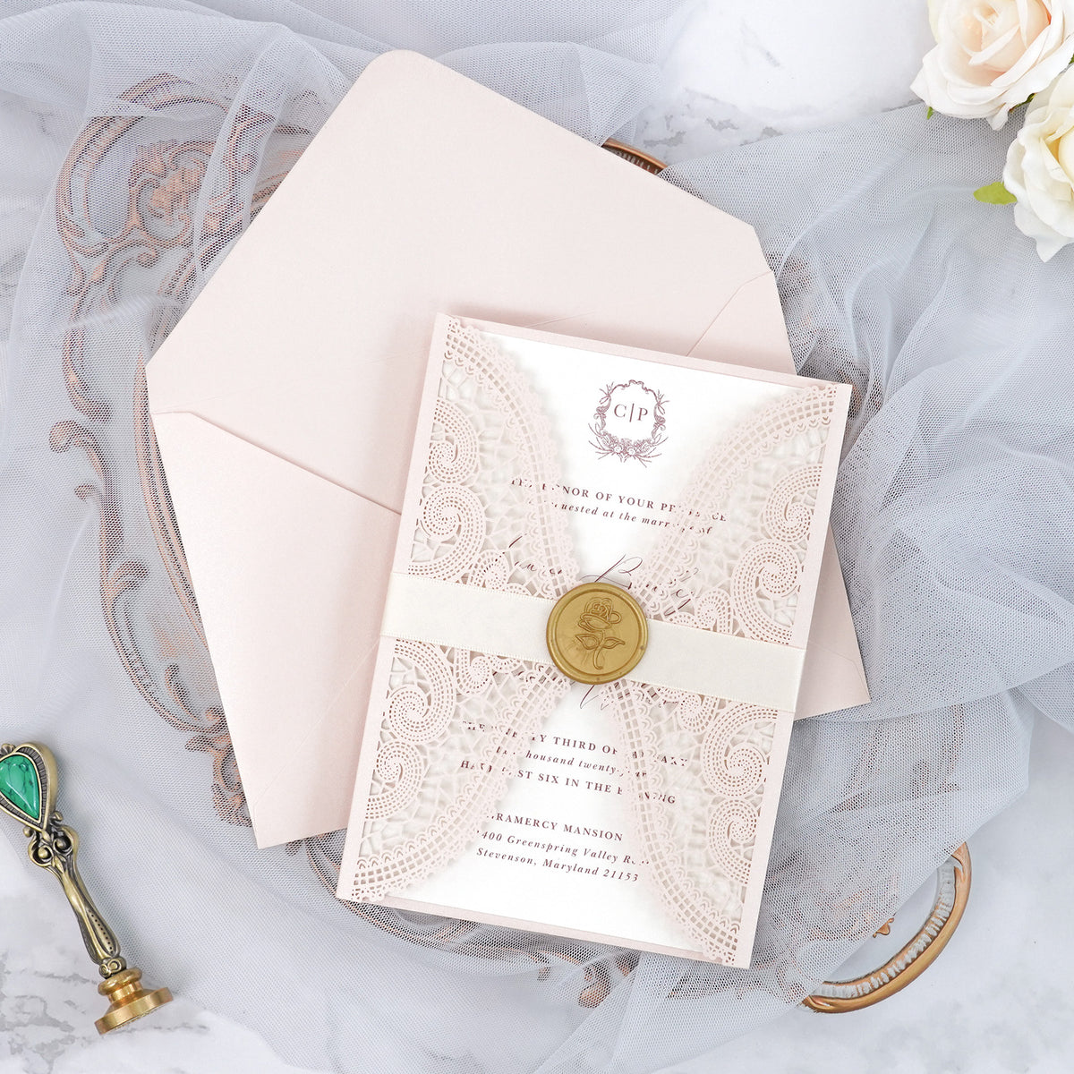 PONATIA Blush Pink Laser Cut Invitation Cards with Ivory Belly Band and Wax Seal