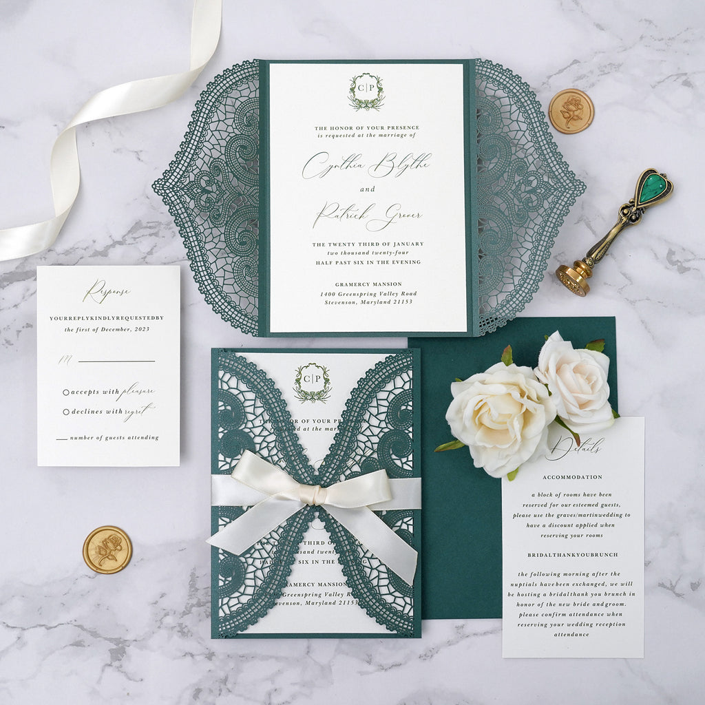 PONATIA Emerald Green Laser Cut Invitation Cards with Ivory Belly Band and Wax Seal
