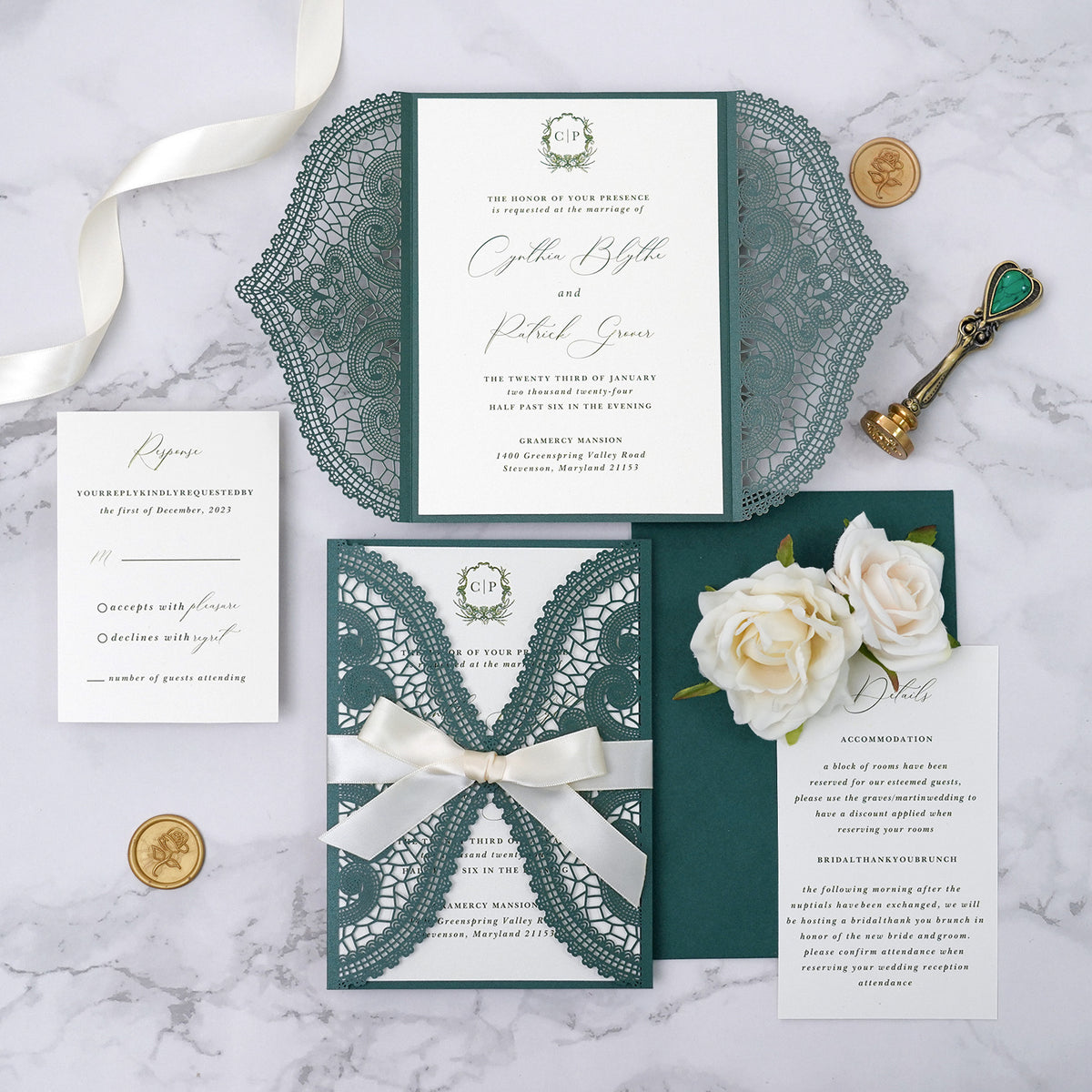 PONATIA Emerald Green Laser Cut Invitation Cards with Ivory Belly Band and Wax Seal