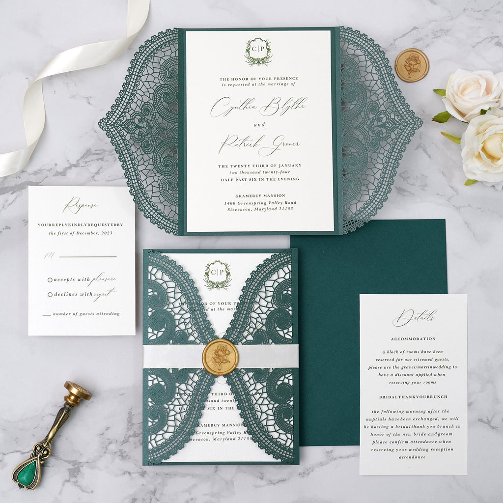 PONATIA Emerald Green Laser Cut Invitation Cards with Ivory Belly Band and Wax Seal