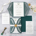 PONATIA Emerald Green Laser Cut Invitation Cards with Ivory Belly Band and Wax Seal