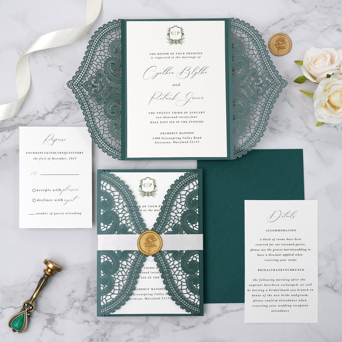 PONATIA Emerald Green Laser Cut Invitation Cards with Ivory Belly Band and Wax Seal