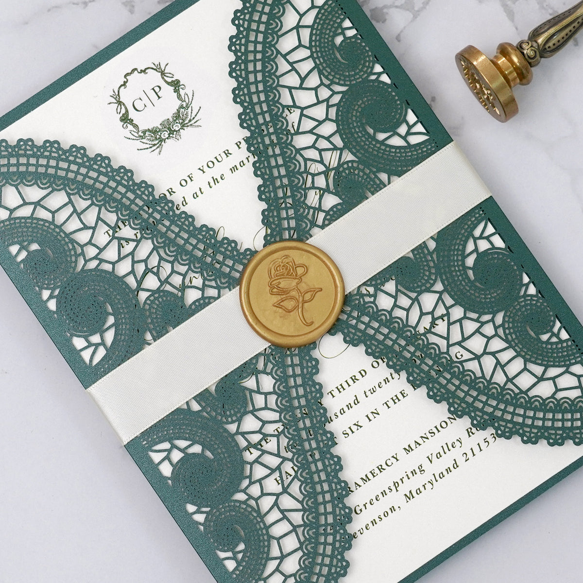 PONATIA Emerald Green Laser Cut Invitation Cards with Ivory Belly Band and Wax Seal