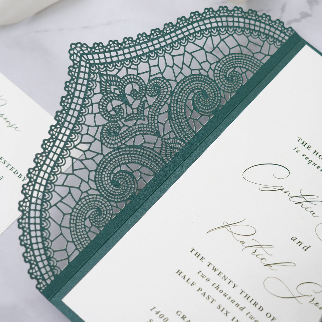 PONATIA Emerald Green Laser Cut Invitation Cards with Ivory Belly Band and Wax Seal