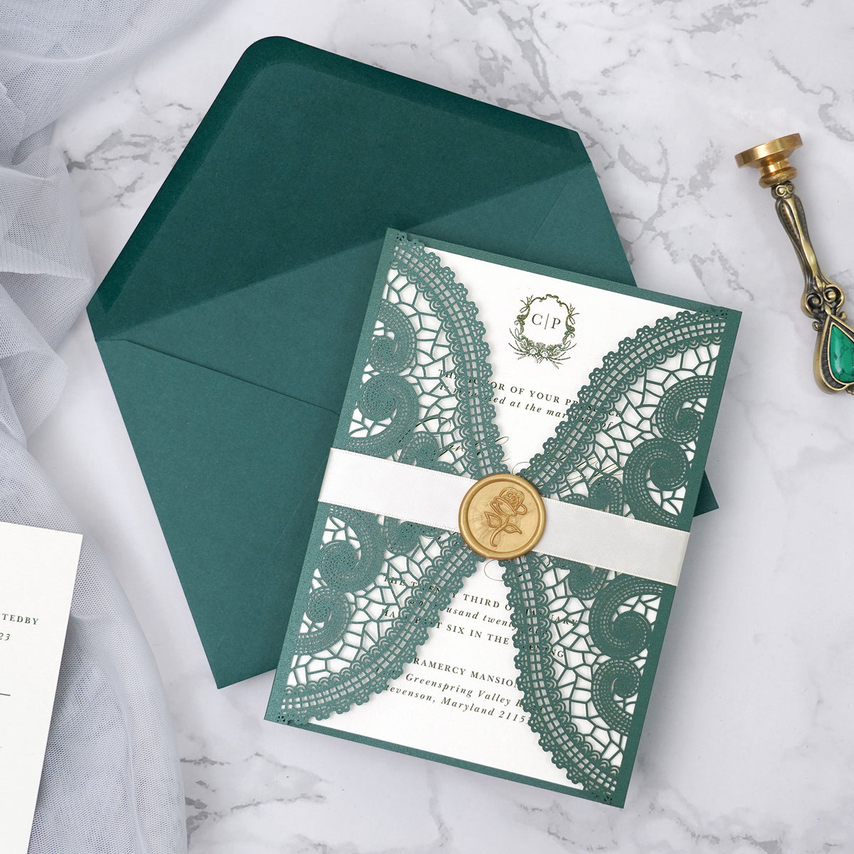 PONATIA Emerald Green Laser Cut Invitation Cards with Ivory Belly Band and Wax Seal