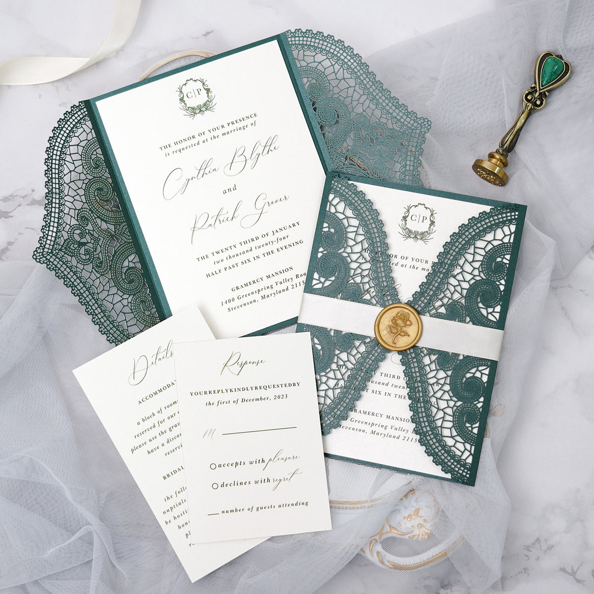 PONATIA Emerald Green Laser Cut Invitation Cards with Ivory Belly Band and Wax Seal