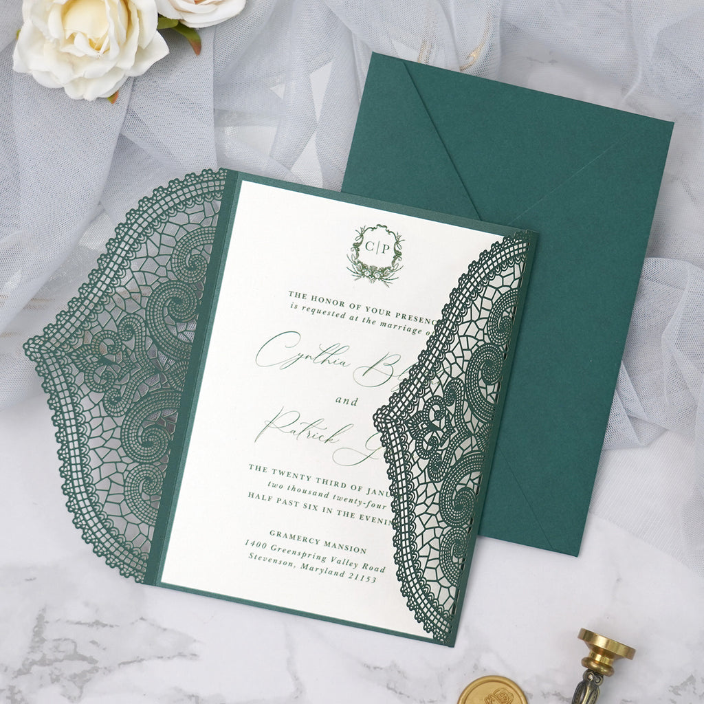 PONATIA Emerald Green Laser Cut Invitation Cards with Ivory Belly Band and Wax Seal