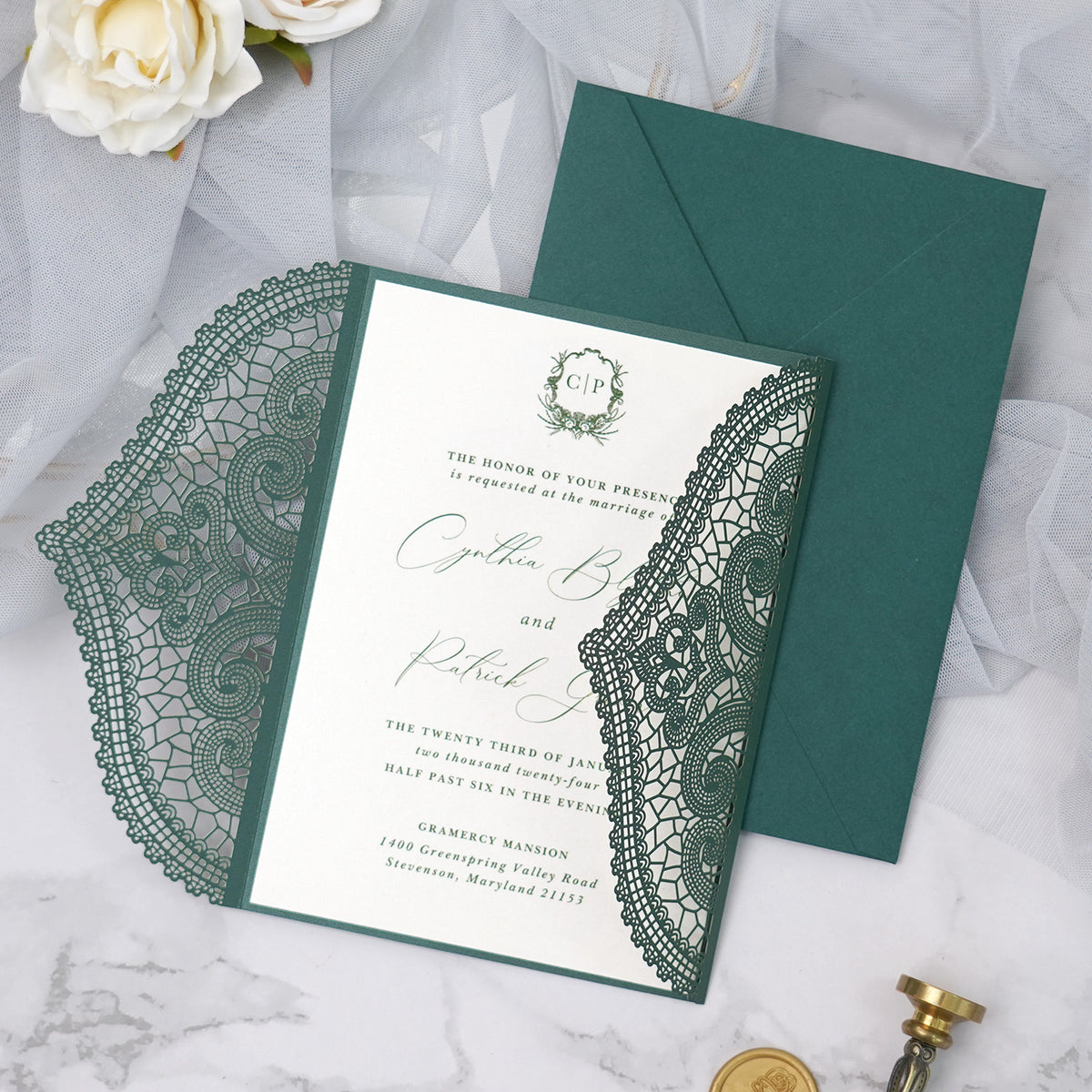 PONATIA Emerald Green Laser Cut Invitation Cards with Ivory Belly Band and Wax Seal