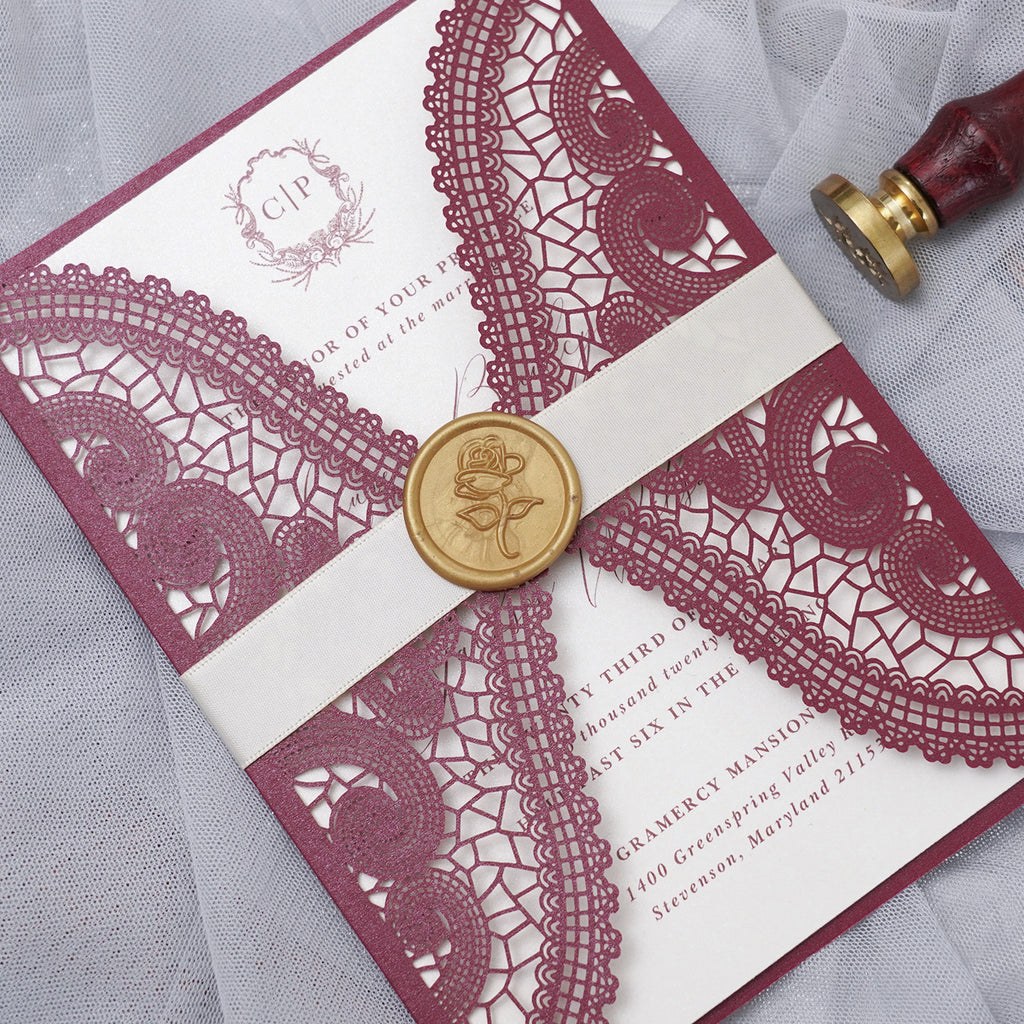 PONATIA Burgundy Laser Cut Invitation Cards with Ivory Belly Band and Wax Seal