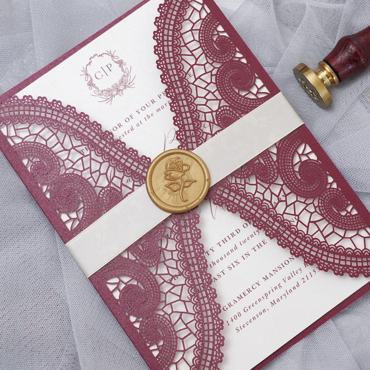 PONATIA Burgundy Laser Cut Invitation Cards with Ivory Belly Band and Wax Seal