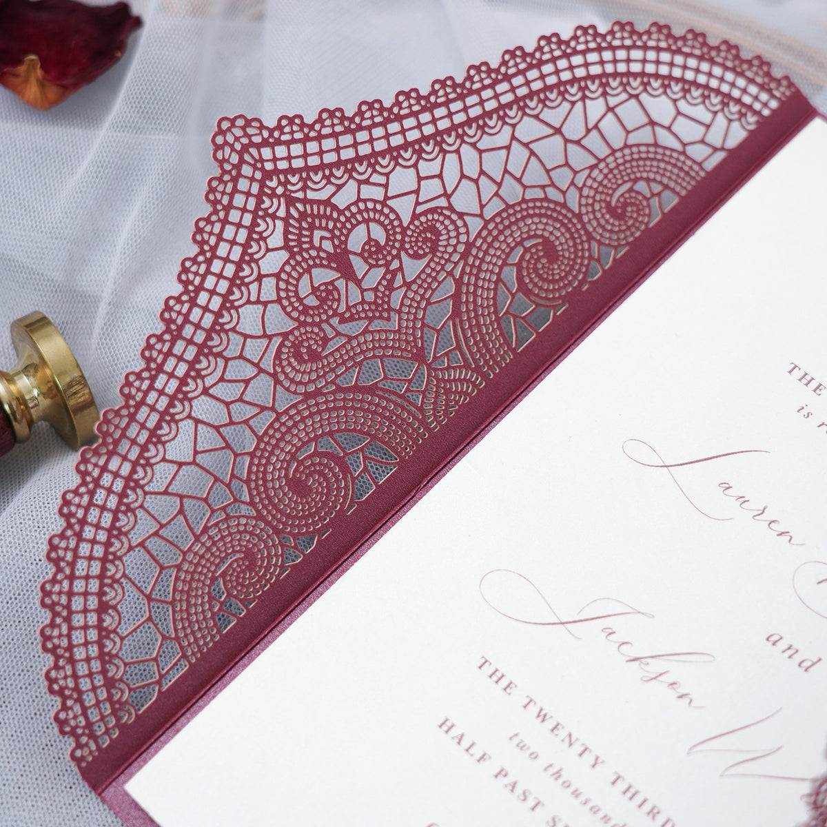 PONATIA Burgundy Laser Cut Invitation Cards with Ivory Belly Band and Wax Seal