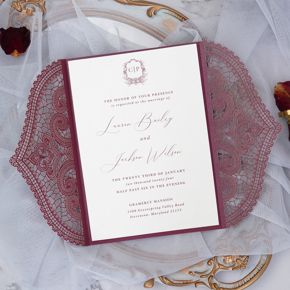 PONATIA Burgundy Laser Cut Invitation Cards with Ivory Belly Band and Wax Seal