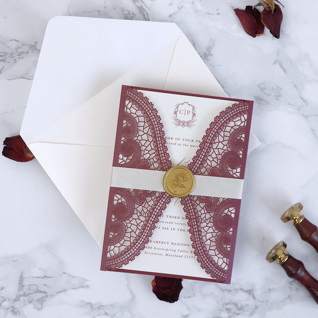 PONATIA Burgundy Laser Cut Invitation Cards with Ivory Belly Band and Wax Seal