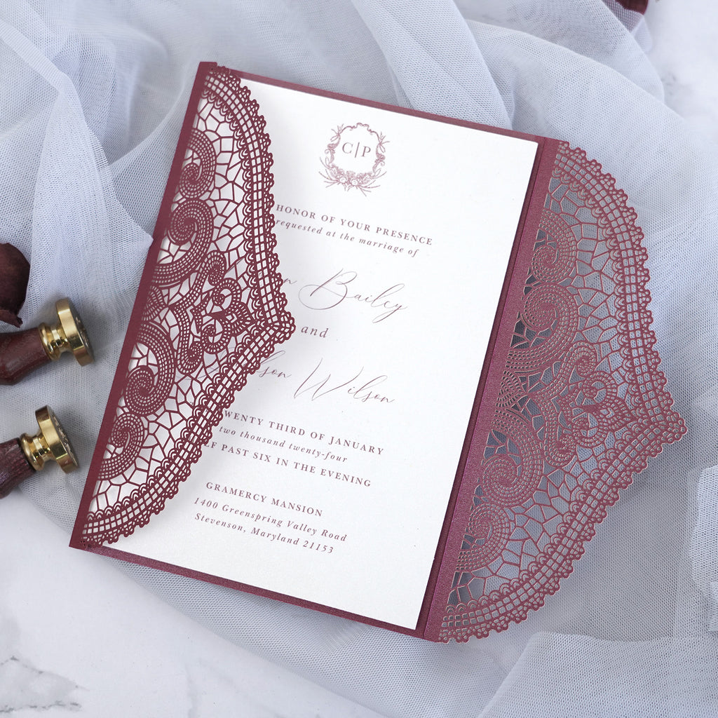 PONATIA Burgundy Laser Cut Invitation Cards with Ivory Belly Band and Wax Seal