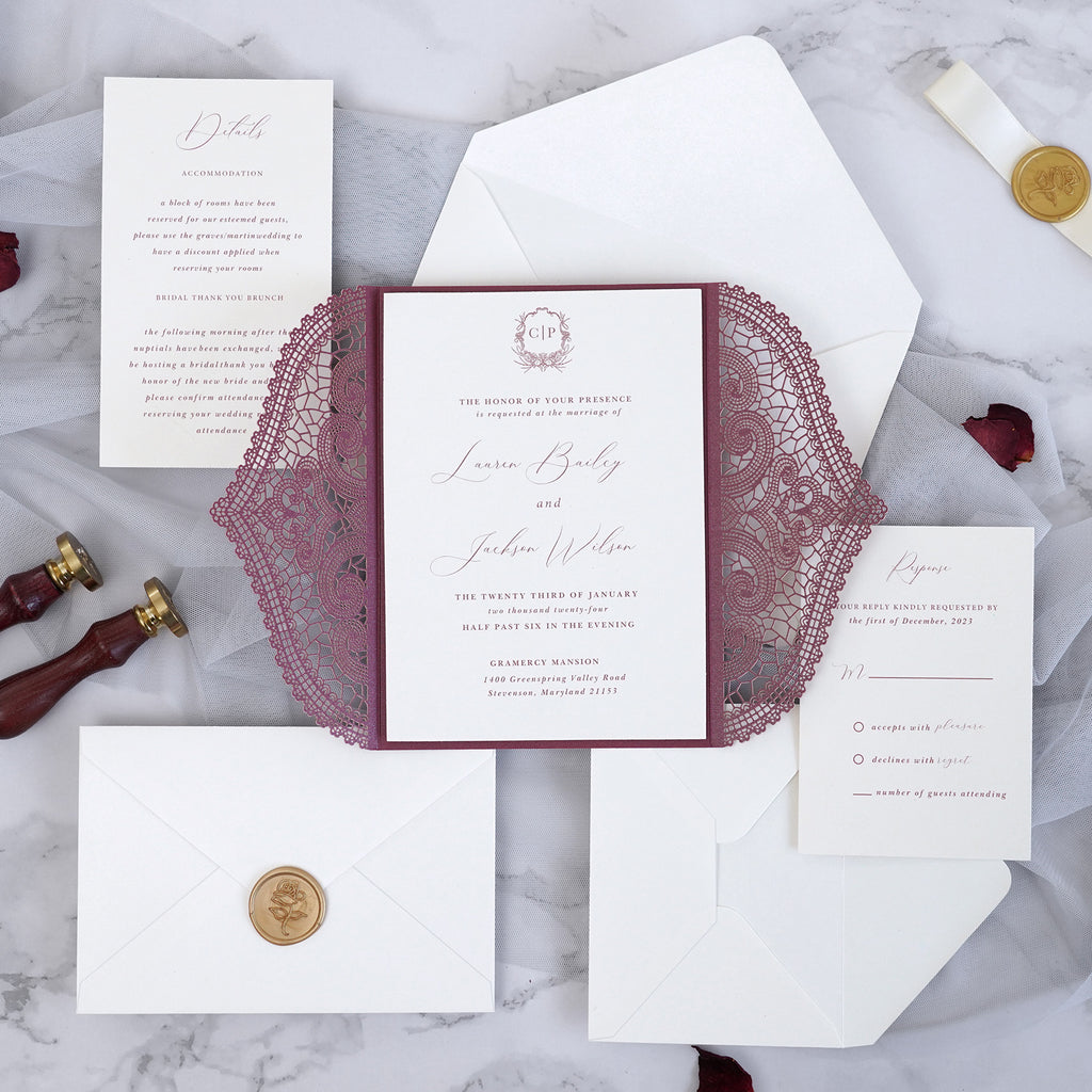 PONATIA Burgundy Laser Cut Invitation Cards with Ivory Belly Band and Wax Seal