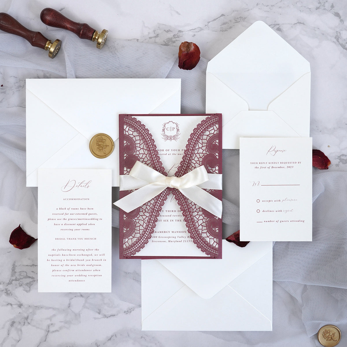 PONATIA Burgundy Laser Cut Invitation Cards with Ivory Belly Band and Wax Seal
