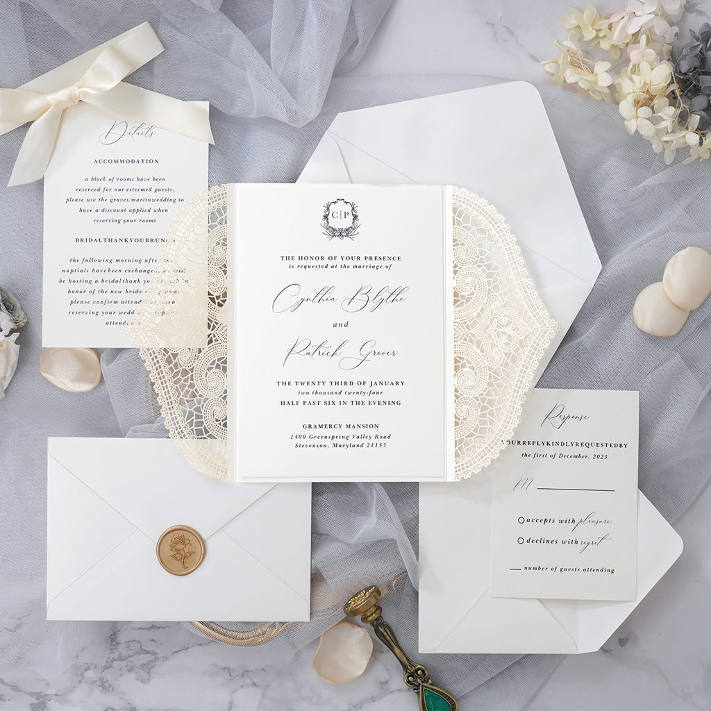 PONATIA Ivory Laser Cut Invitation Cards with Ivory Belly Band and Wax Seal