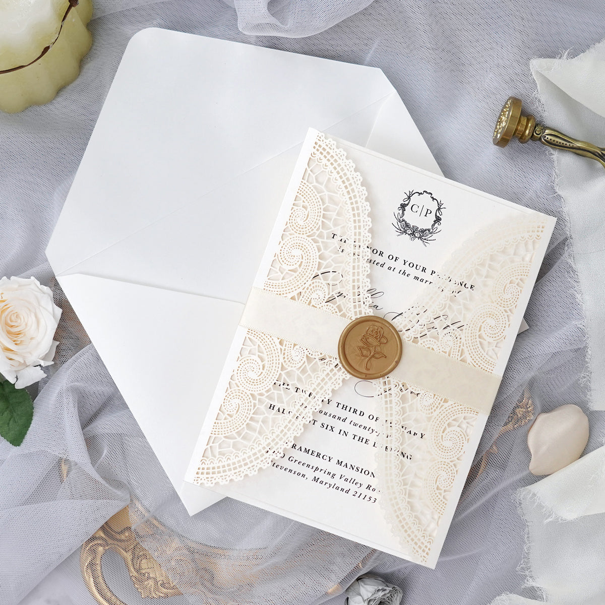 PONATIA Ivory Laser Cut Invitation Cards with Ivory Belly Band and Wax Seal