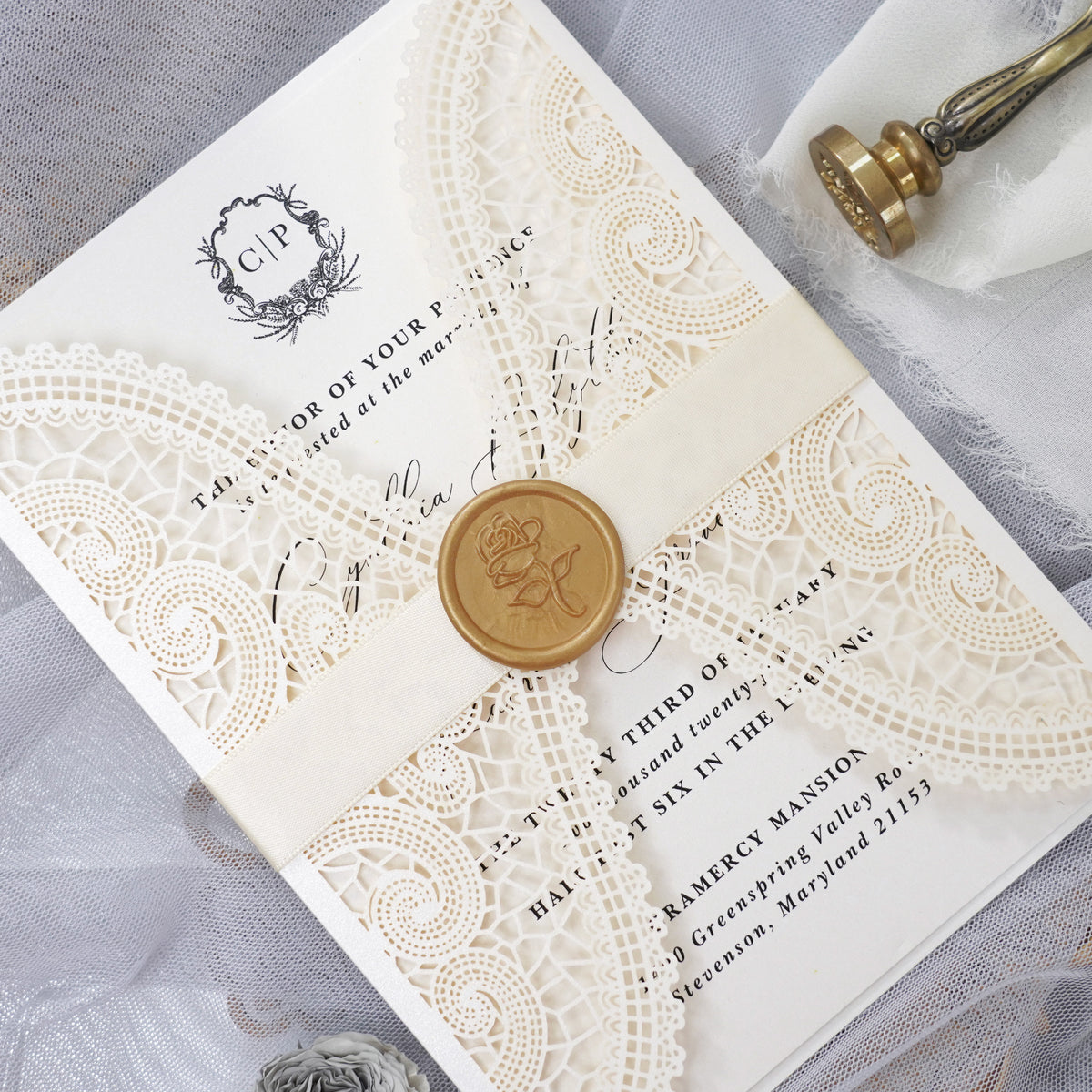 PONATIA Ivory Laser Cut Invitation Cards with Ivory Belly Band and Wax Seal