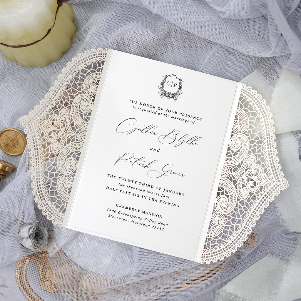 PONATIA Ivory Laser Cut Invitation Cards with Ivory Belly Band and Wax Seal