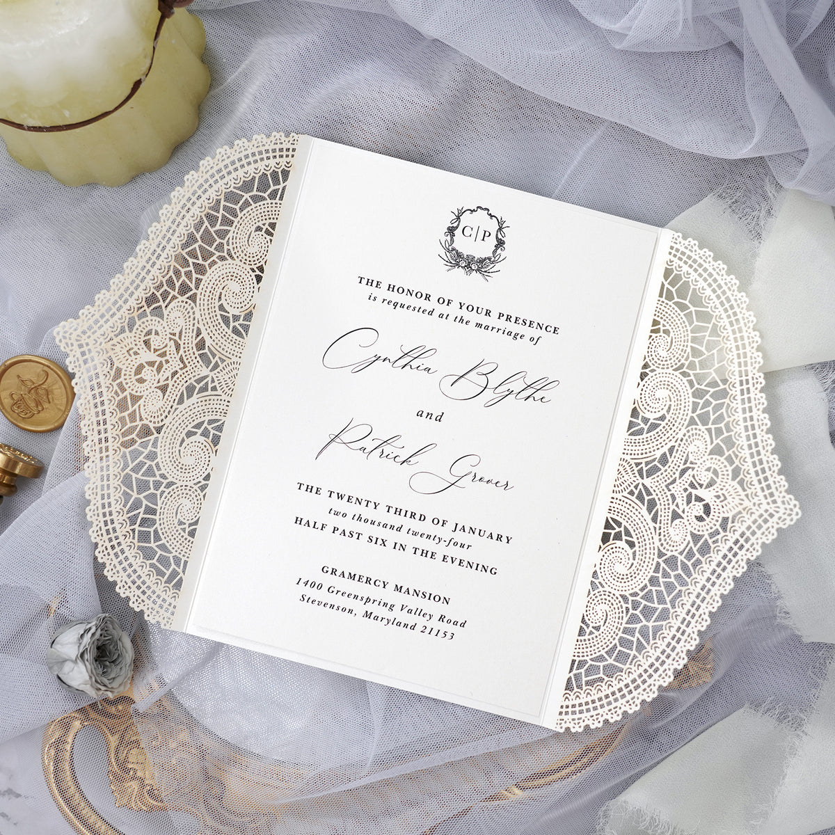 PONATIA Ivory Laser Cut Invitation Cards with Ivory Belly Band and Wax Seal