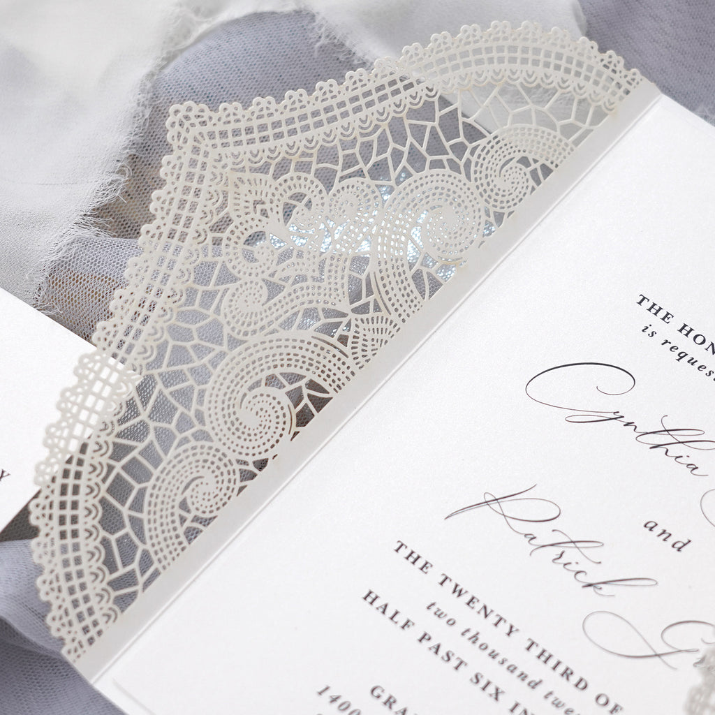 PONATIA Ivory Laser Cut Invitation Cards with Ivory Belly Band and Wax Seal