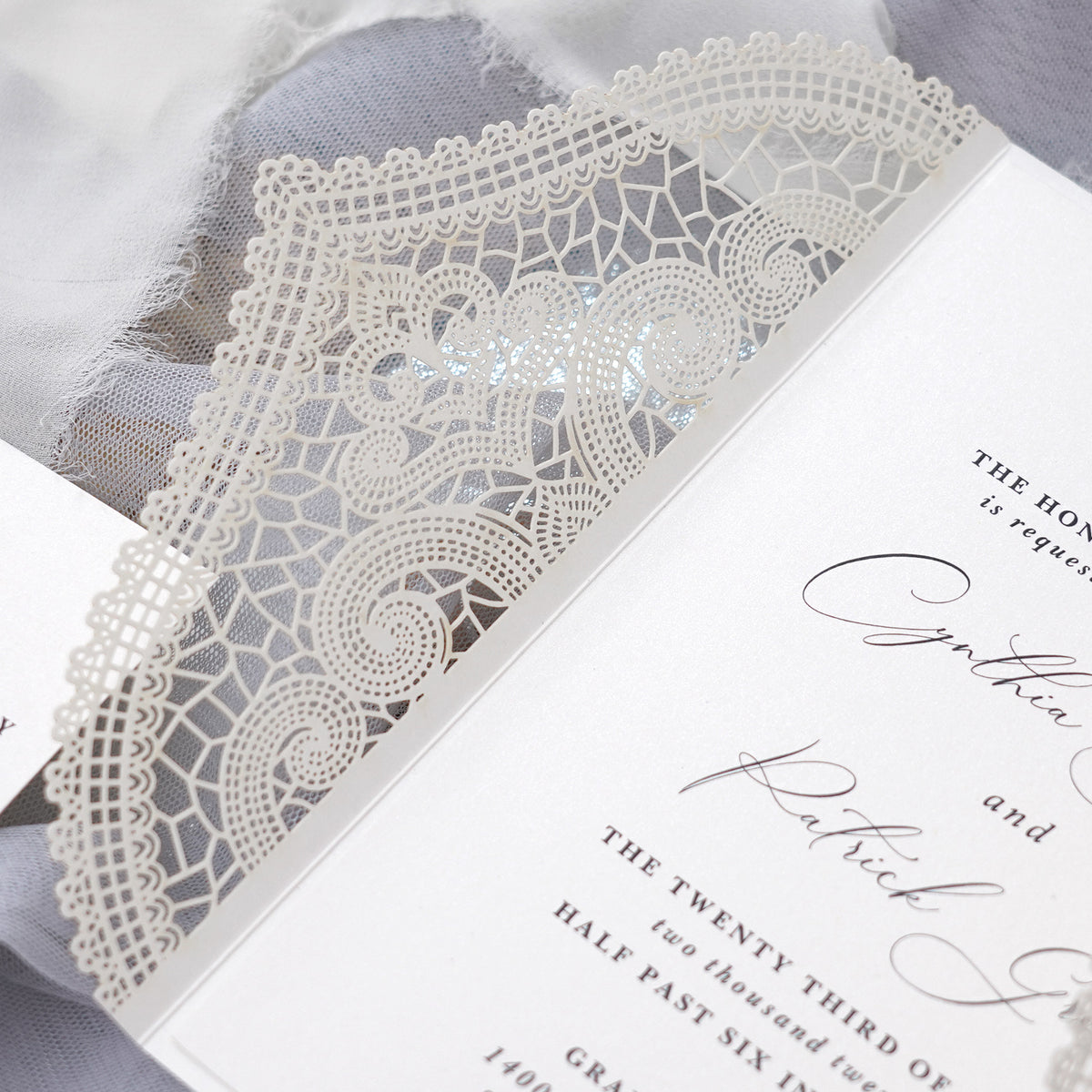 PONATIA Ivory Laser Cut Invitation Cards with Ivory Belly Band and Wax Seal