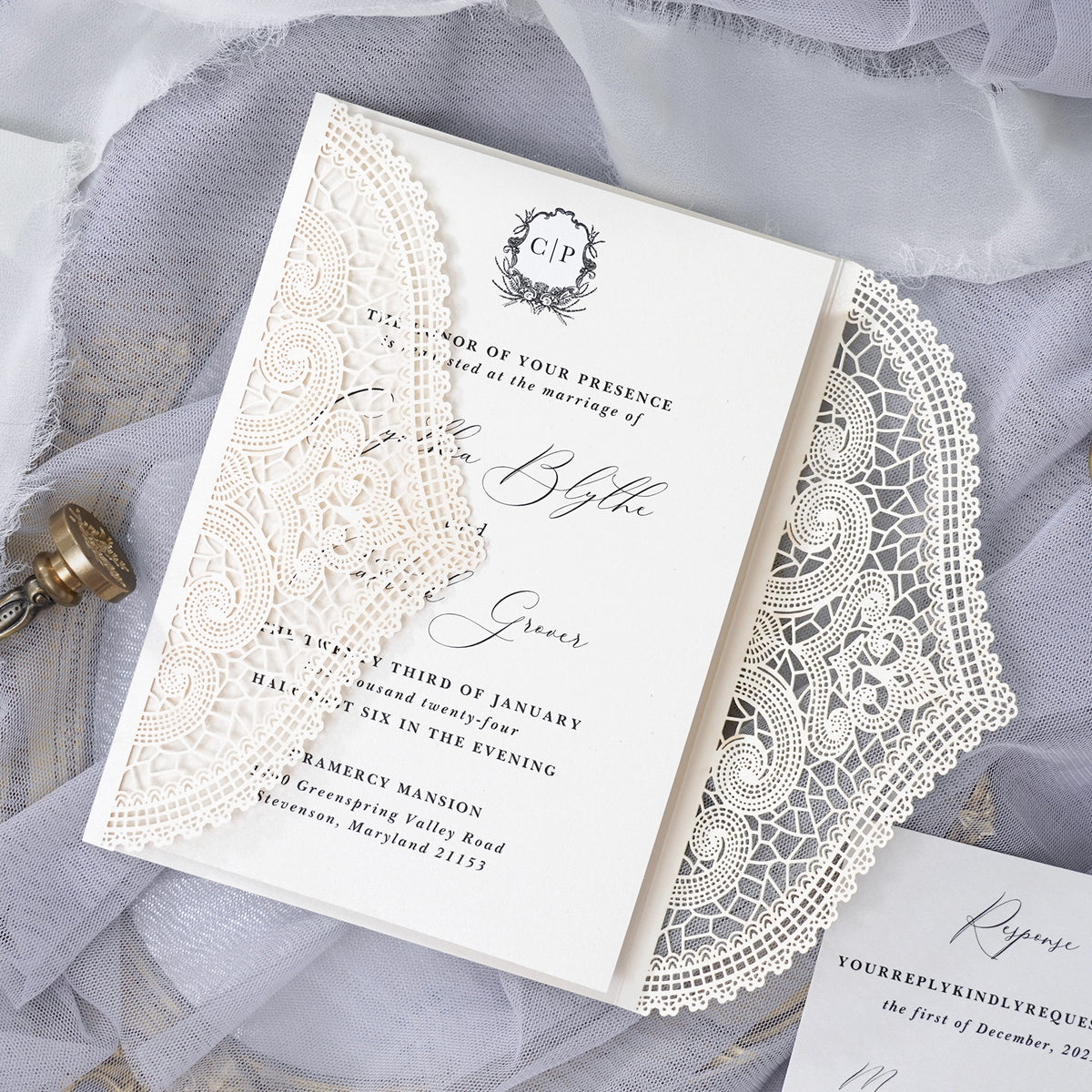 PONATIA Ivory Laser Cut Invitation Cards with Ivory Belly Band and Wax Seal
