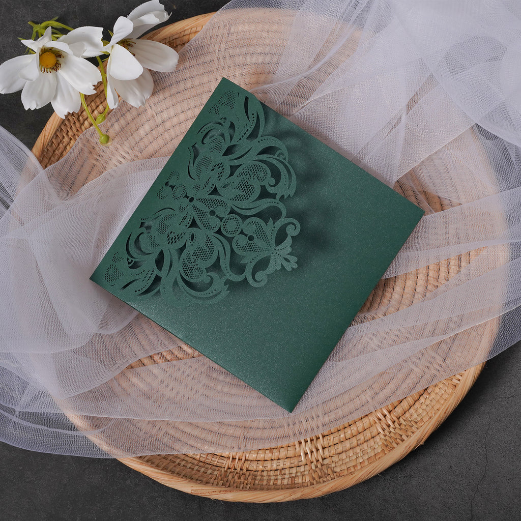 PONATIA Emerald Green Classic Floral Tri-fold Laser Cut Pockets Collection WPFC2126
