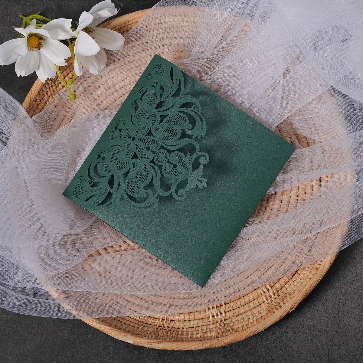 PONATIA Emerald Green Classic Floral Tri-fold Laser Cut Pockets Collection WPFC2126