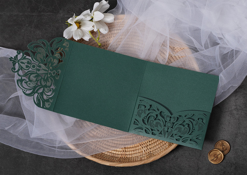 PONATIA Emerald Green Classic Floral Tri-fold Laser Cut Pockets Collection WPFC2126