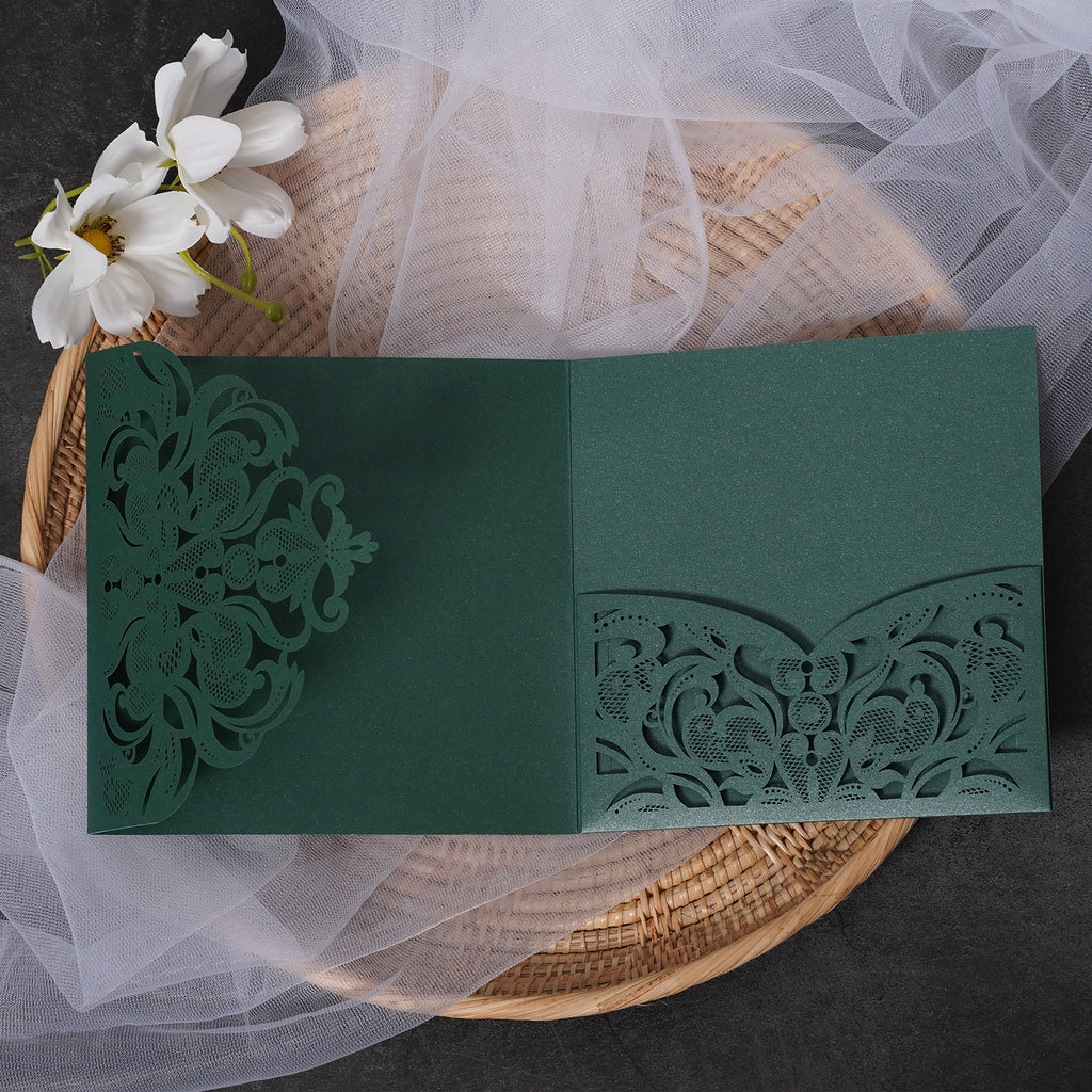 PONATIA Emerald Green Classic Floral Tri-fold Laser Cut Pockets Collection WPFC2126