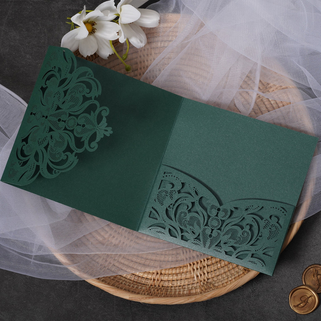PONATIA Emerald Green Classic Floral Tri-fold Laser Cut Pockets Collection WPFC2126