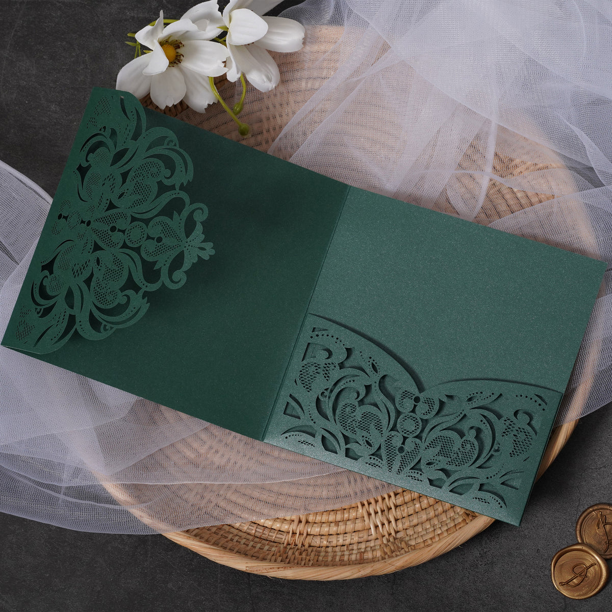 PONATIA Emerald Green Classic Floral Tri-fold Laser Cut Pockets Collection WPFC2126