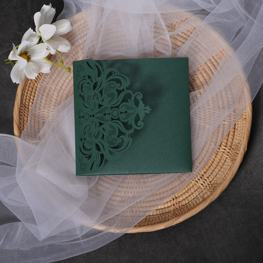 PONATIA Emerald Green Classic Floral Tri-fold Laser Cut Pockets Collection WPFC2126