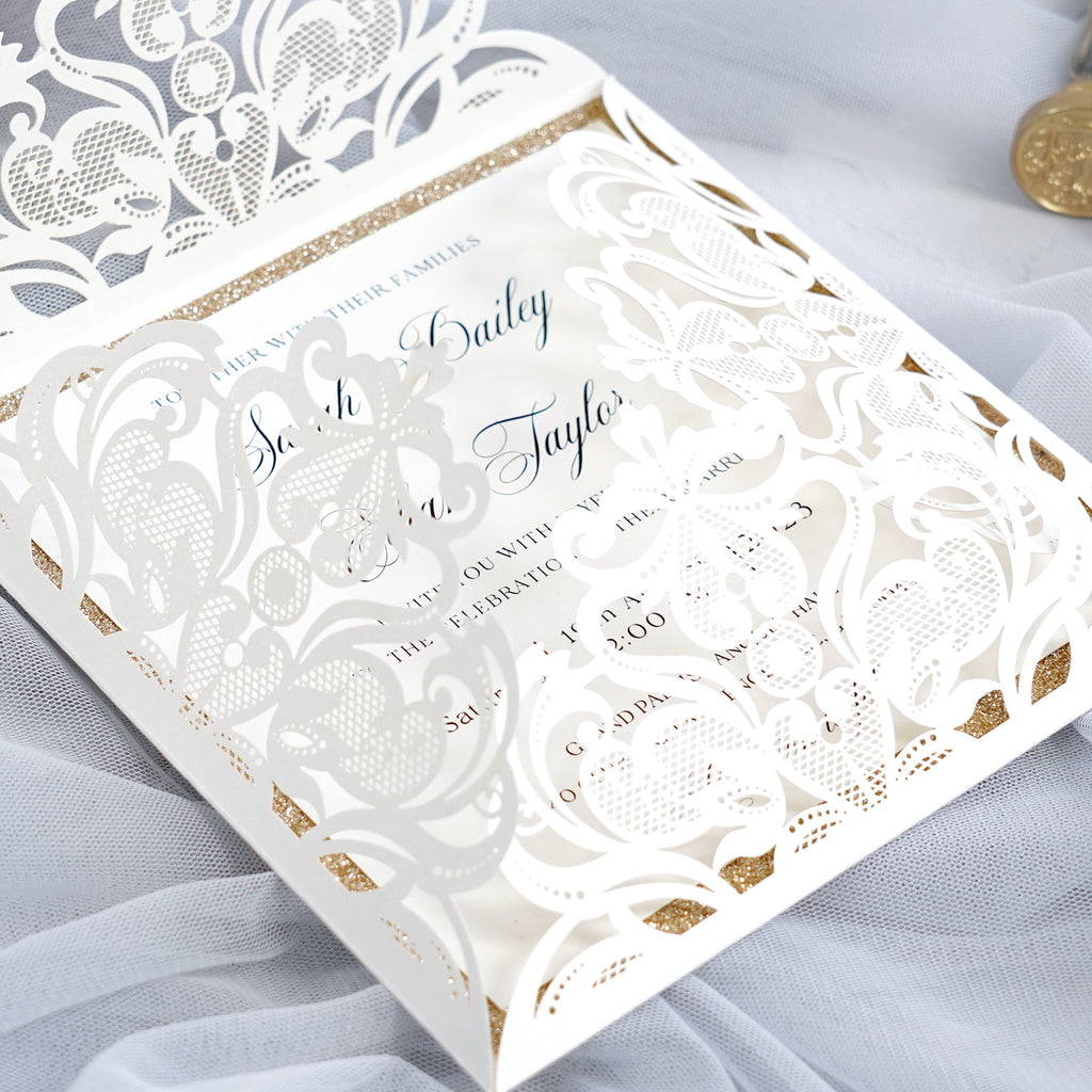 PONATIA Gorgeous Ivory Shimmer Laser Cut Wedding Invites Pocket with Glitter Backer and Belly Band