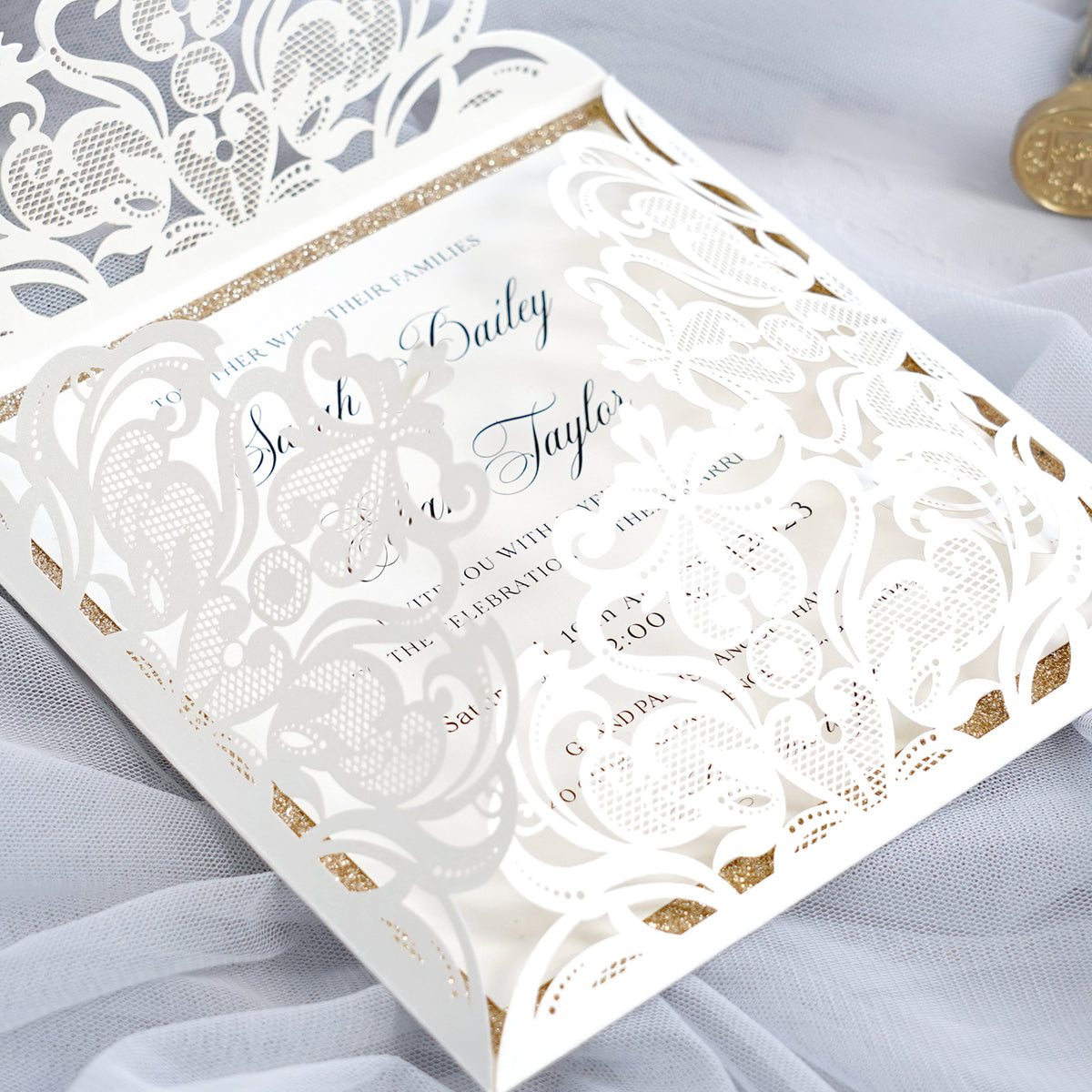 PONATIA Gorgeous Ivory Shimmer Laser Cut Wedding Invites Pocket with Glitter Backer and Belly Band