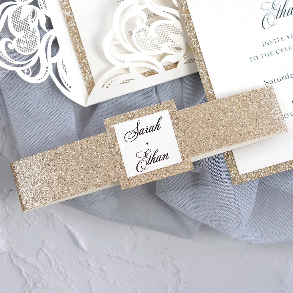 PONATIA Gorgeous Ivory Shimmer Laser Cut Wedding Invites Pocket with Glitter Backer and Belly Band