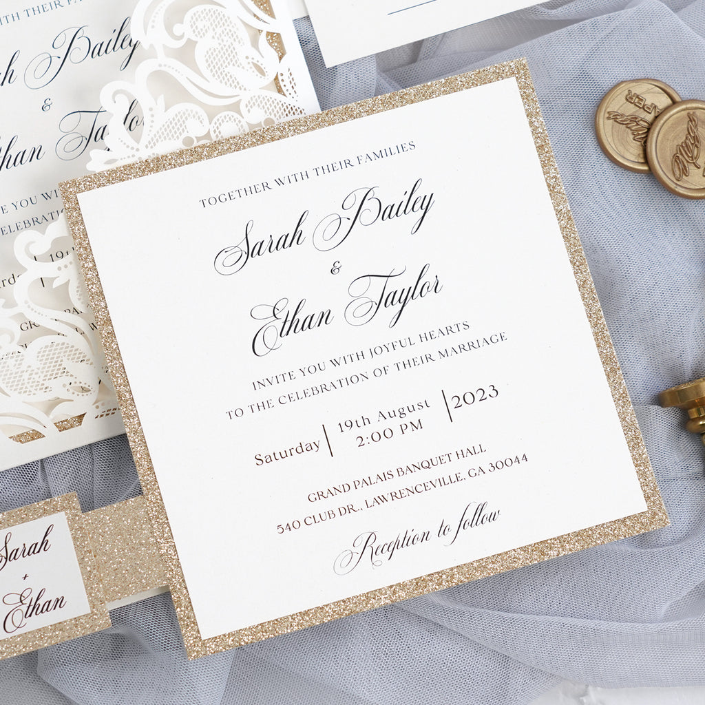 PONATIA Gorgeous Ivory Shimmer Laser Cut Wedding Invites Pocket with Glitter Backer and Belly Band
